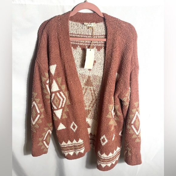 New In Rust Aztec Open Front Cardigan Sweater Women’s Medium Boho Cozy Knit - Picture 1 of 6